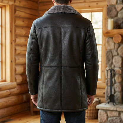 Rugged Faux Leather Trench Coat for Men with Notched Lapel Long Sleeve Button Front Belted Style