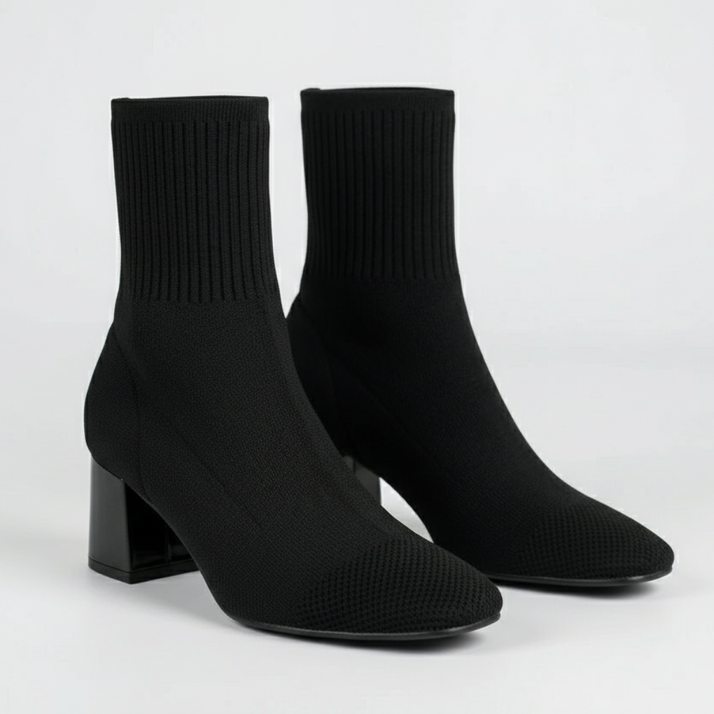 Women's Knit Sock Ankle Boots Square Heel Square Toe Stretch Pull-On Ribbed