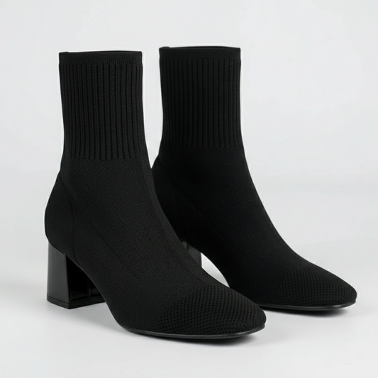 Women's Knit Sock Ankle Boots Square Heel Square Toe Stretch Pull-On Ribbed