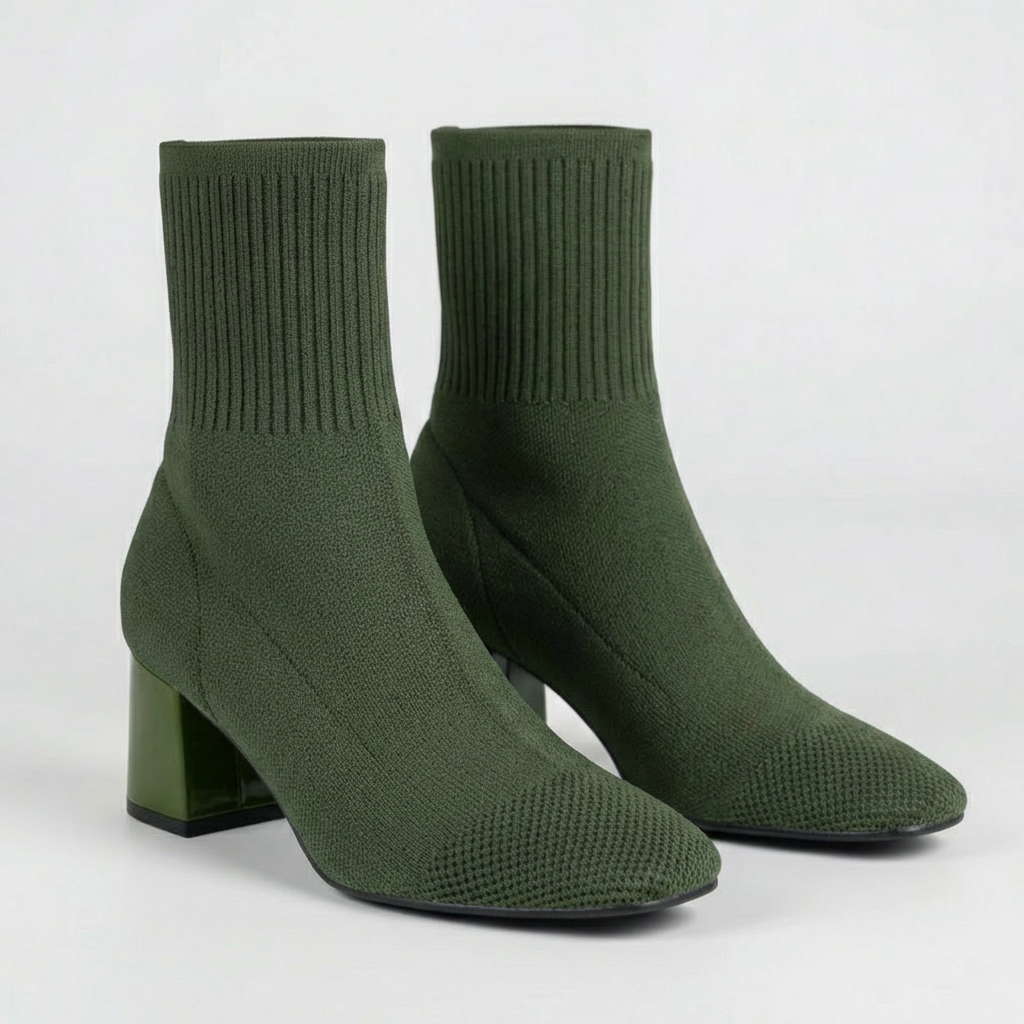 Women's Knit Sock Ankle Boots Square Heel Square Toe Stretch Pull-On Ribbed