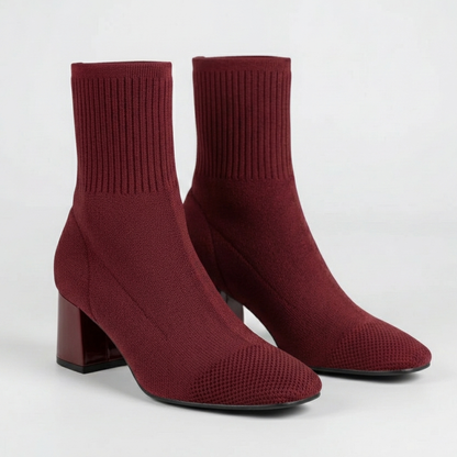 Women's Knit Sock Ankle Boots Square Heel Square Toe Stretch Pull-On Ribbed