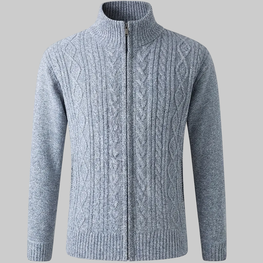 Cozy Marled Knit Zip Sweater for Men with Stand Collar Long Sleeve Full Zip Pocket Winter Style