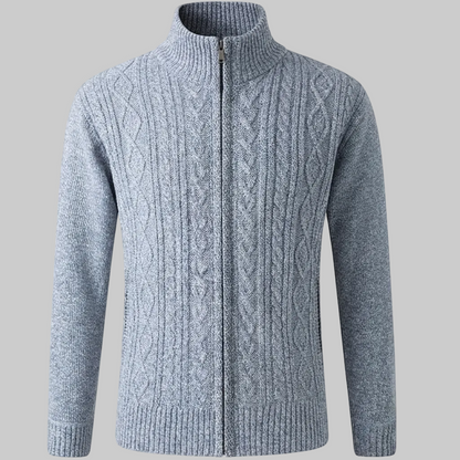 Cozy Marled Knit Zip Sweater for Men with Stand Collar Long Sleeve Full Zip Pocket Winter Style