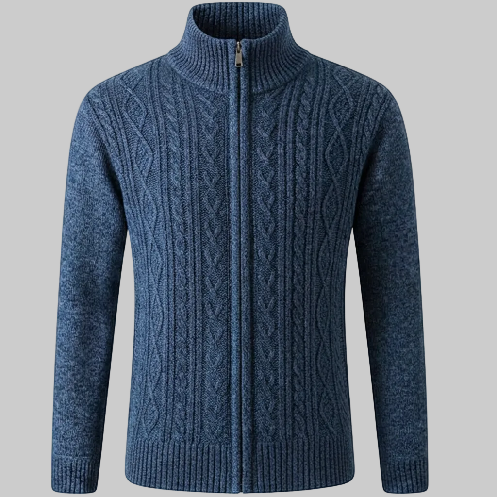 Cozy Marled Knit Zip Sweater for Men with Stand Collar Long Sleeve Full Zip Pocket Winter Style