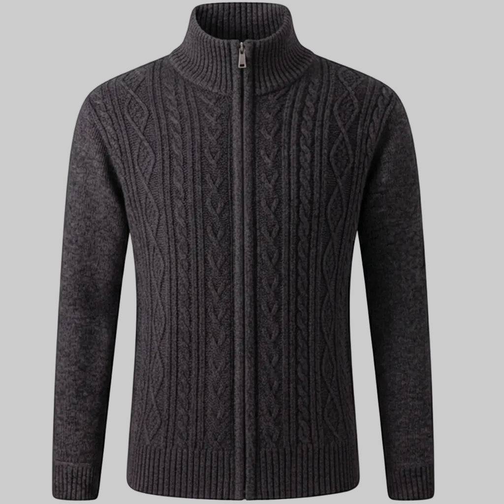 Cozy Marled Knit Zip Sweater for Men with Stand Collar Long Sleeve Full Zip Pocket Winter Style