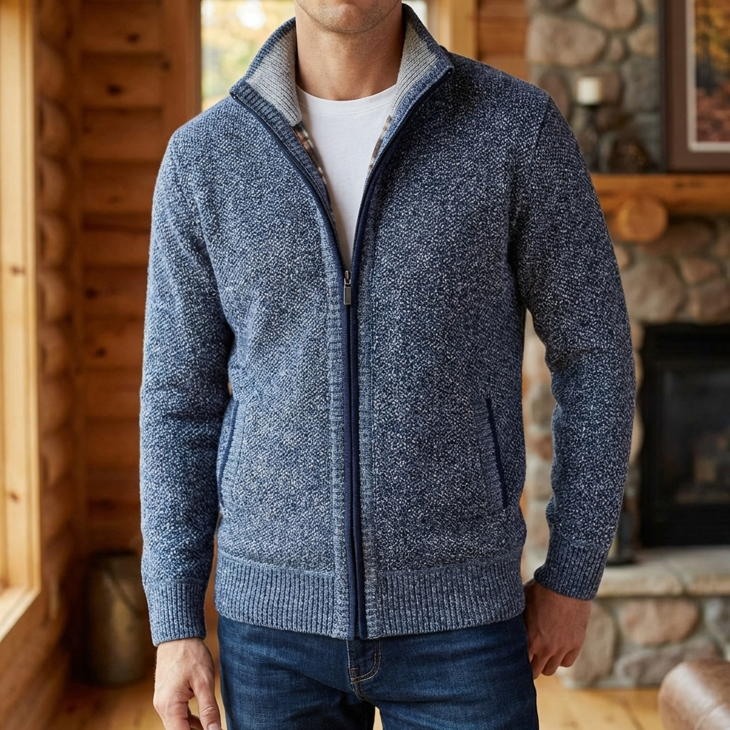 Cozy Marled Knit Zip Sweater for Men with Stand Collar Long Sleeve Full Zip Pocket Winter Style