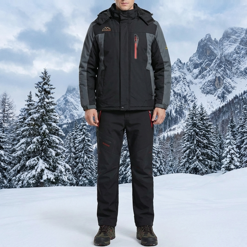 Warm Ski Suit Set for Men with Hooded Collar Long Sleeve Zip Up Insulated Two Piece Style