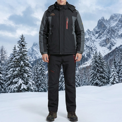 Warm Ski Suit Set for Men with Hooded Collar Long Sleeve Zip Up Insulated Two Piece Style
