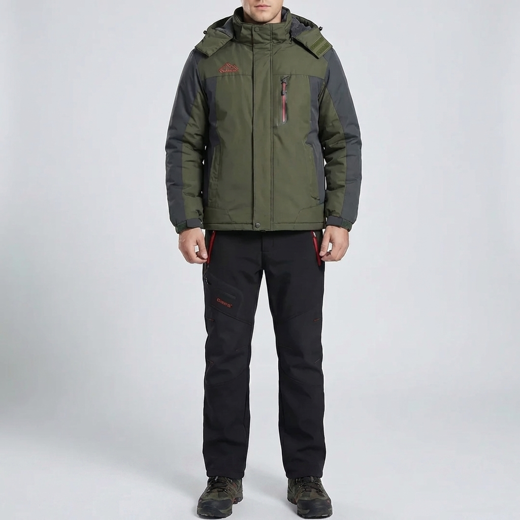 Warm Ski Suit Set for Men with Hooded Collar Long Sleeve Zip Up Insulated Two Piece Style