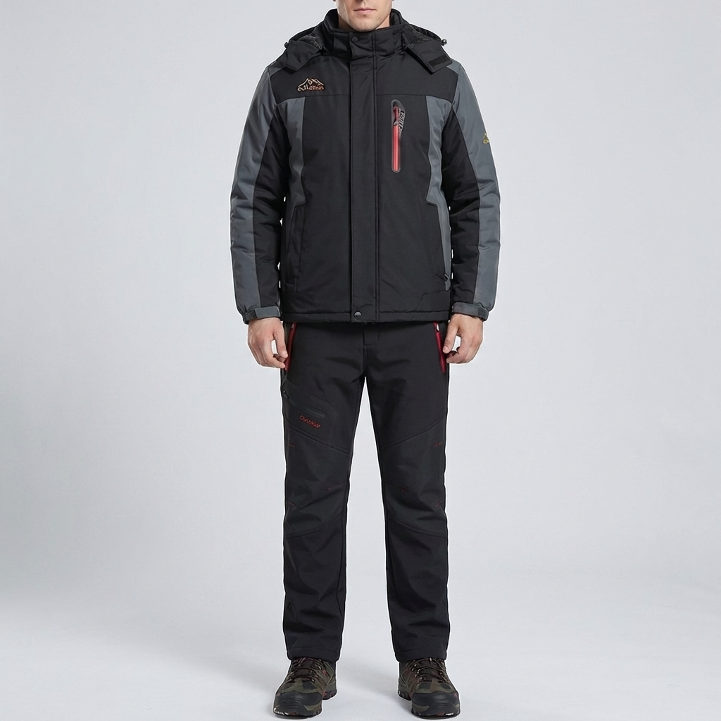 Warm Ski Suit Set for Men with Hooded Collar Long Sleeve Zip Up Insulated Two Piece Style