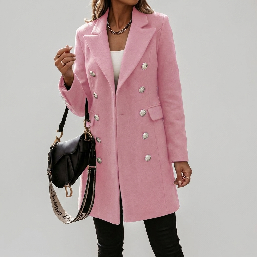 Elegant Wool Coat for Women with Notched Lapel Long Sleeve Double Breasted Longline Slim Style