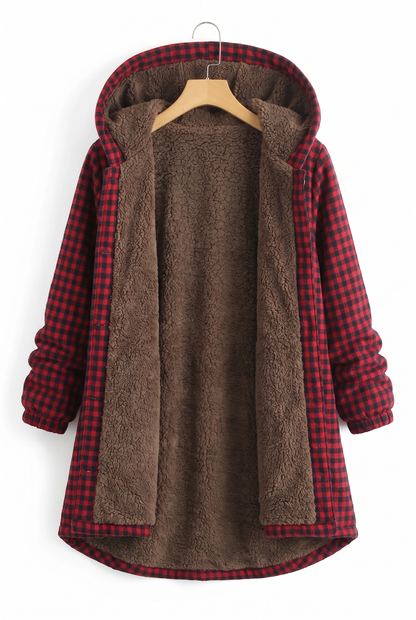 Effortless Plaid Fleece Lined Jacket for Women with Hooded Button Front Oversized Casual Style