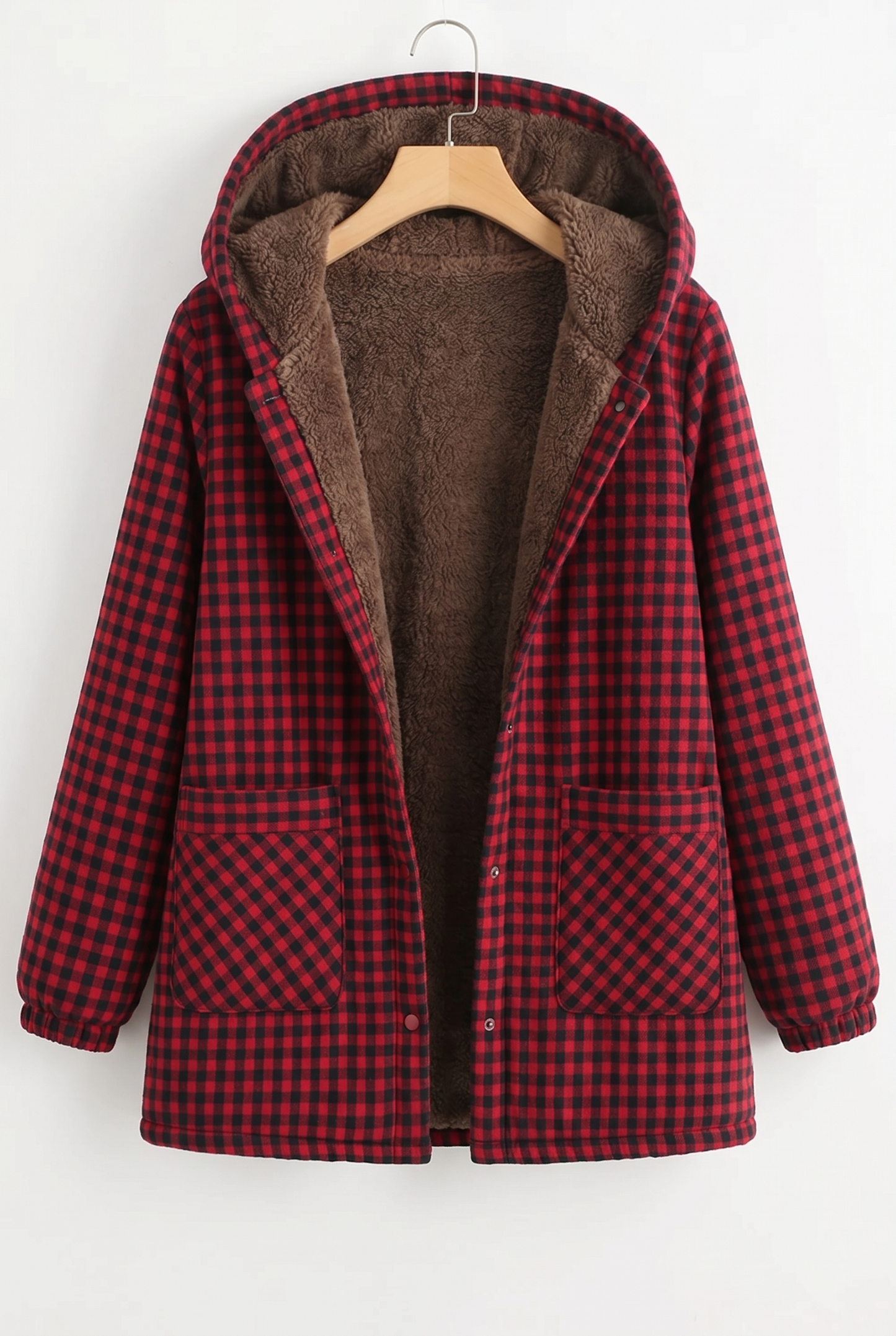 Effortless Plaid Fleece Lined Jacket for Women with Hooded Button Front Oversized Casual Style
