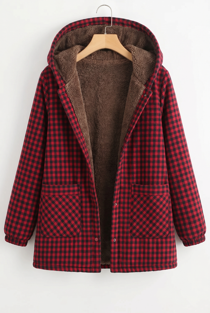 Effortless Plaid Fleece Lined Jacket for Women with Hooded Button Front Oversized Casual Style