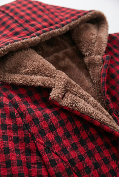 Effortless Plaid Fleece Lined Jacket for Women with Hooded Button Front Oversized Casual Style