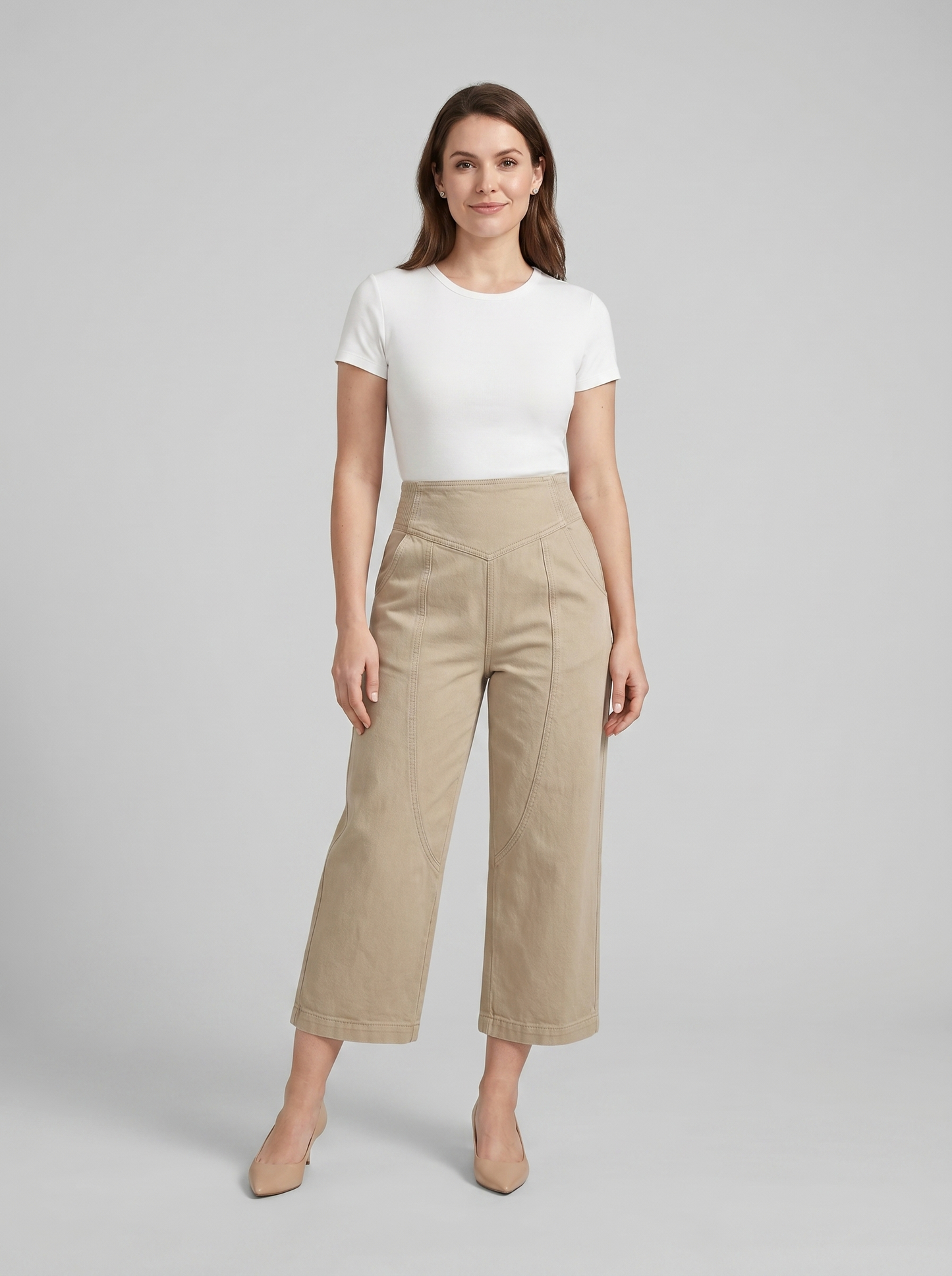 Effortless Khaki Pants for Women with High Waist Seam Detail Cropped Relaxed Style