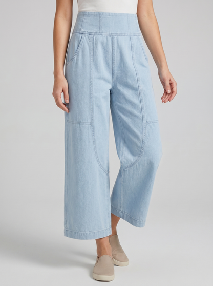 Effortless Cotton Wide Leg Pants for Women with High Waist Seam Detail Cropped Relaxed Style