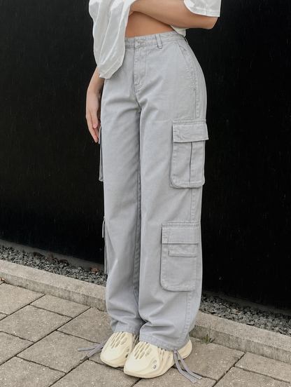 Effortless Grey Cargo Pants for Women with High Waist Multi Pocket Wide Leg Relaxed Casual Style