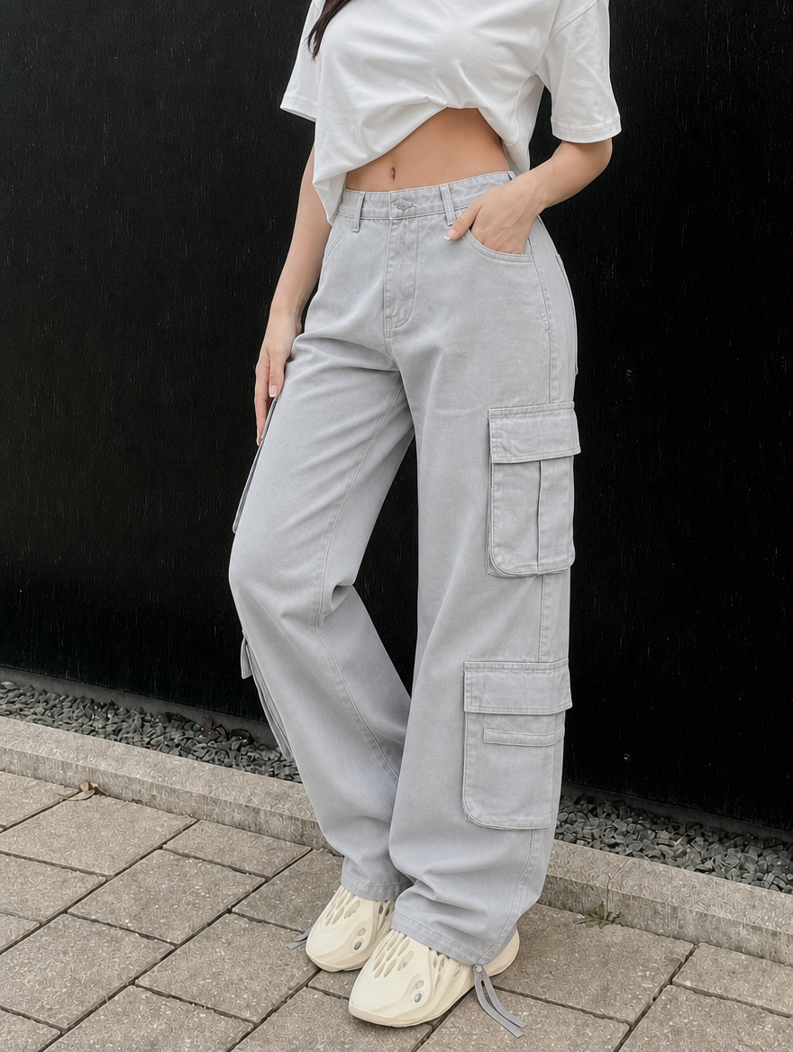Effortless Grey Cargo Pants for Women with High Waist Multi Pocket Wide Leg Relaxed Casual Style