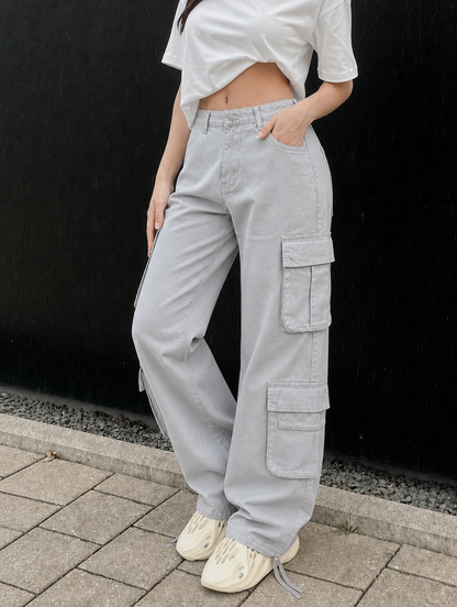 Effortless Grey Cargo Pants for Women with High Waist Multi Pocket Wide Leg Relaxed Casual Style