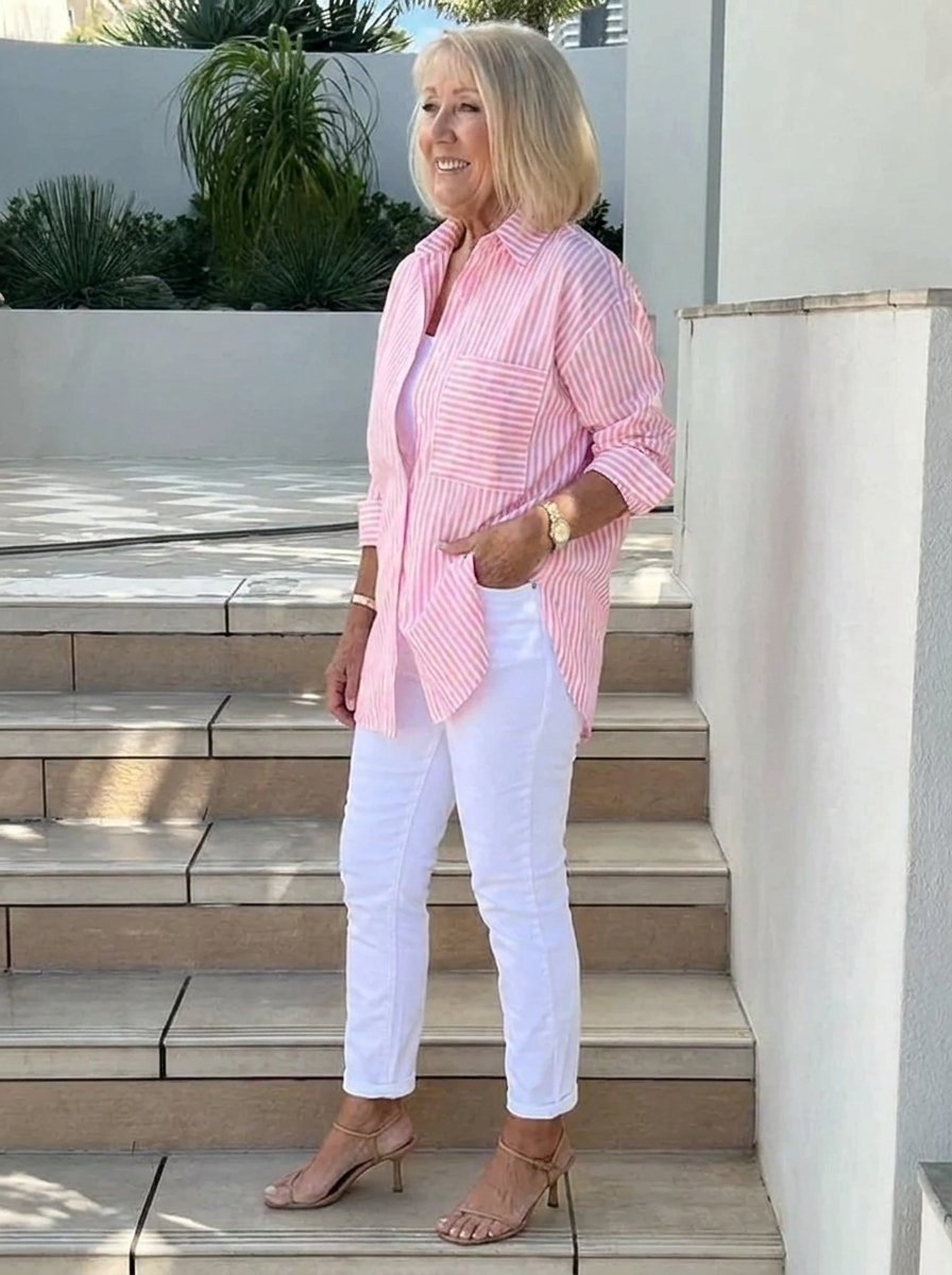 Effortless Striped Shirt for Women with Collar Long Sleeve Chest Pocket Relaxed Casual Style