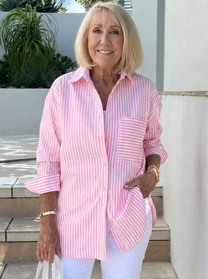 Effortless Striped Shirt for Women with Collar Long Sleeve Chest Pocket Relaxed Casual Style
