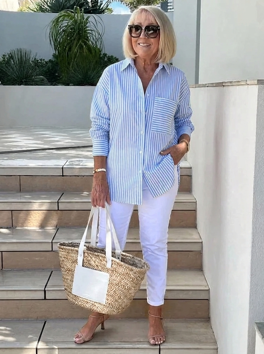 Effortless Striped Shirt for Women with Collar Long Sleeve Chest Pocket Relaxed Casual Style