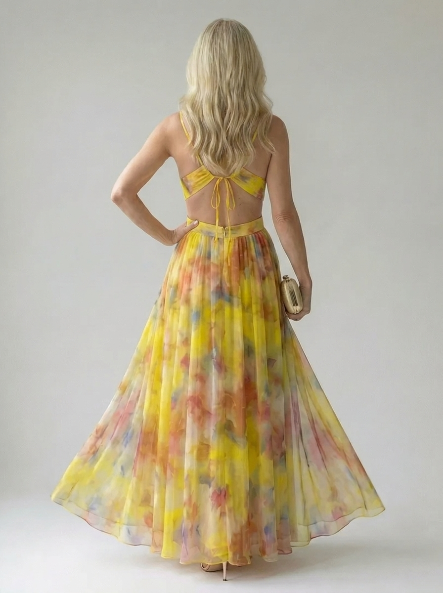 Effortless Watercolor Floral Maxi Dress for Women with V Neck Sleeveless Ruched Flowing Autumn Wedding Guest Style