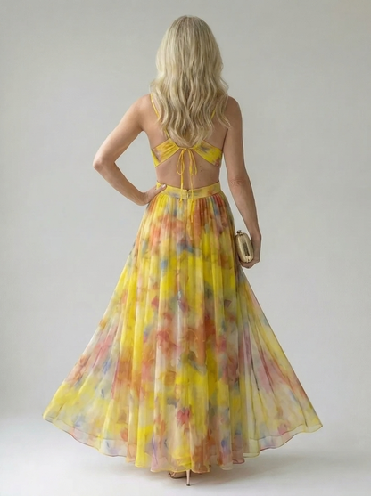 Effortless Watercolor Floral Maxi Dress for Women with V Neck Sleeveless Ruched Flowing Autumn Wedding Guest Style