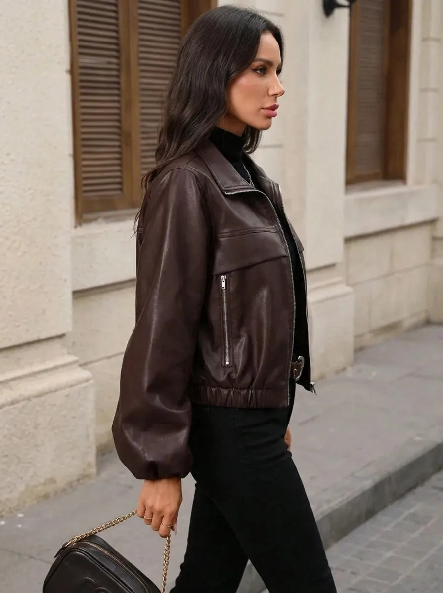 Effortless Leather Jacket for Women with Spread Collar Long Sleeve Zip Front Cropped Style