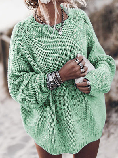 Comfortable Crewneck Sweater for Women with Round Neck Balloon Sleeve Ribbed Cuff Oversized Knit Style