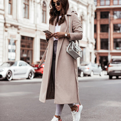 Elegant Belted Wool Coat for Women with Notch Lapel Long Sleeve Tie Waist Flowing Style