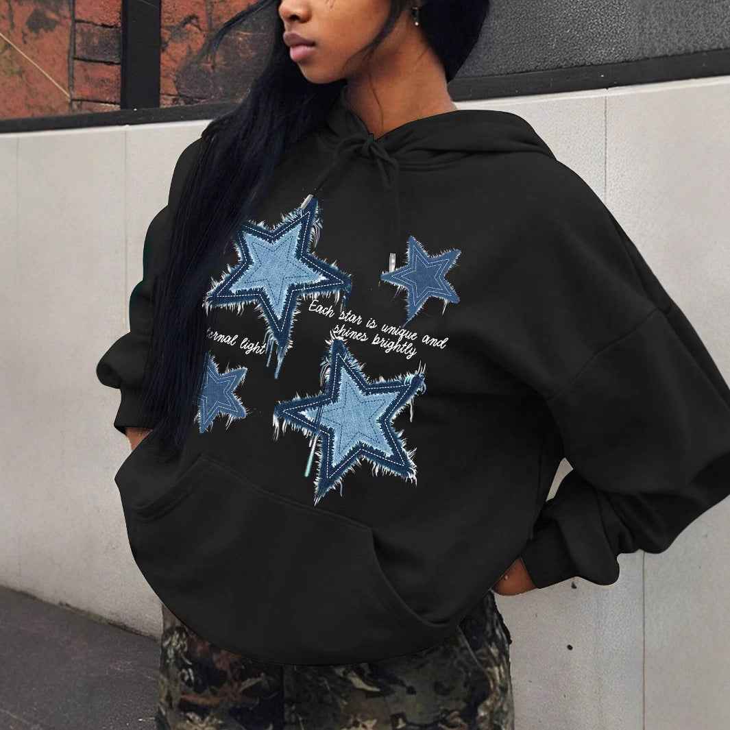Comfortable Star Print Hoodie for Women with Drawstring Hood Long Sleeve Oversized Relaxed Style