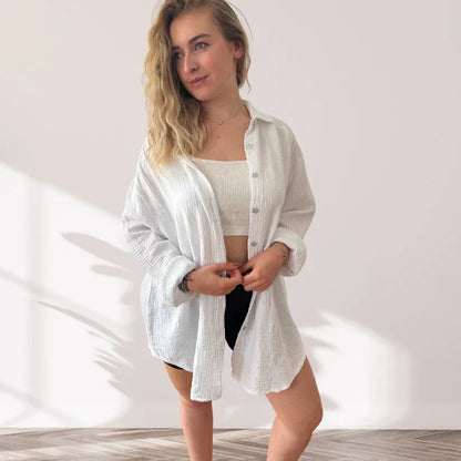 Effortless White Shirt for Women with Collar Long Sleeve Relaxed Oversized Style