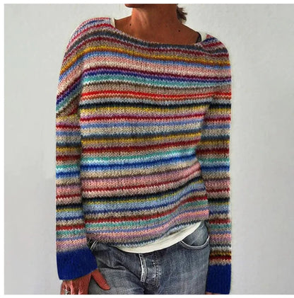 Comfortable Ombre Fair Isle Sweater for Women with Crew Neck Long Sleeve Relaxed Oversized Knit Style