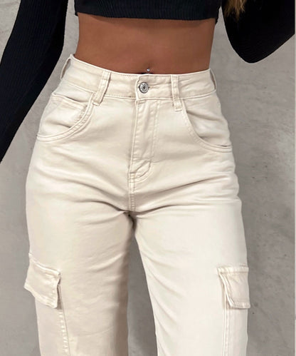 Effortless Cream Cargo Pants for Women with High Waist Tapered Jogger Relaxed Style