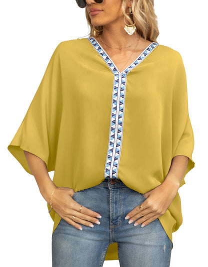 Effortless Embroidered Trim Shirt for Women with V Neck Batwing Sleeve High Low Boho Style