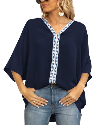 Effortless Embroidered Trim Shirt for Women with V Neck Batwing Sleeve High Low Boho Style