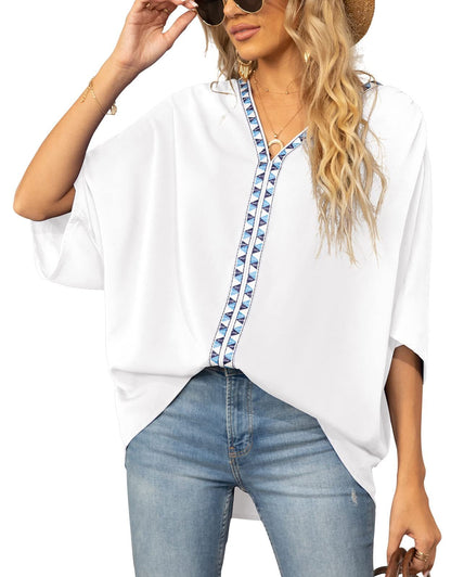 Effortless Embroidered Trim Shirt for Women with V Neck Batwing Sleeve High Low Boho Style
