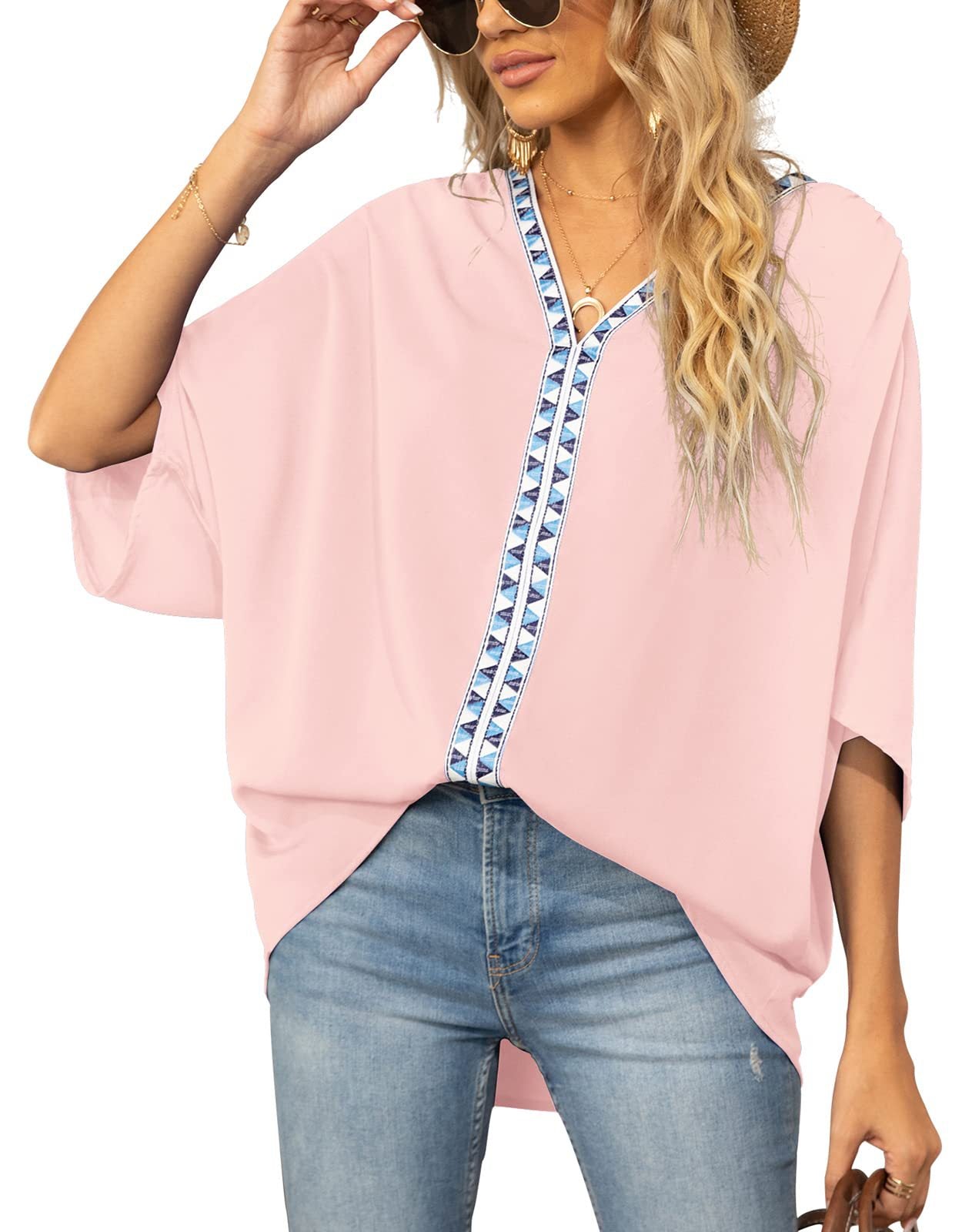 Effortless Embroidered Trim Shirt for Women with V Neck Batwing Sleeve High Low Boho Style