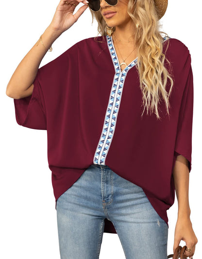 Effortless Embroidered Trim Shirt for Women with V Neck Batwing Sleeve High Low Boho Style