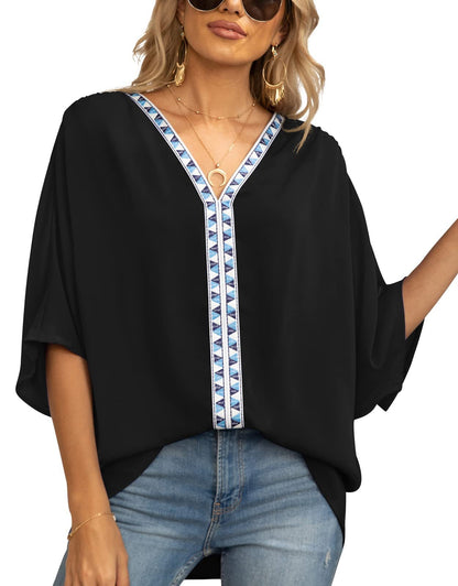 Effortless Embroidered Trim Shirt for Women with V Neck Batwing Sleeve High Low Boho Style