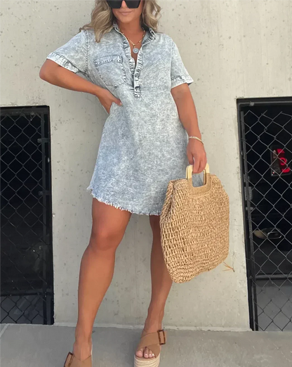 Effortless Acid Wash Denim Dress for Women with Collar Short Sleeve Frayed Hem Casual Style
