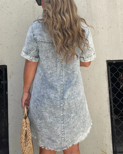 Effortless Acid Wash Denim Dress for Women with Collar Short Sleeve Frayed Hem Casual Style