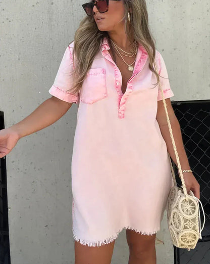 Effortless Acid Wash Denim Dress for Women with Collar Short Sleeve Frayed Hem Casual Style