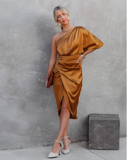 Isabella | Elegant Gold Dress for Women in Semi Formal Wedding Guest Style