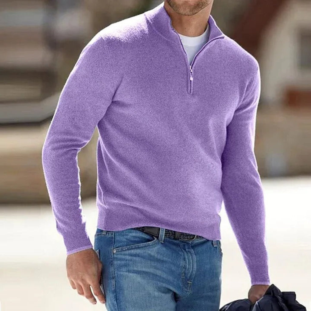 Cozy Knit Sweater for Men with Mock Neck Long Sleeve Quarter Zip Ribbed Classic Style
