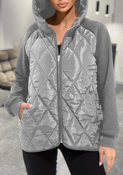 Elegant Black Quilted Jacket for Women with Hooded Long Sleeve Rhinestone Trim Oversized Casual Style