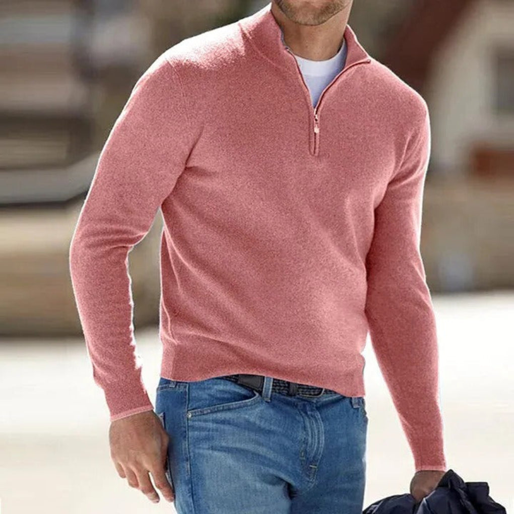 Cozy Knit Sweater for Men with Mock Neck Long Sleeve Quarter Zip Ribbed Classic Style