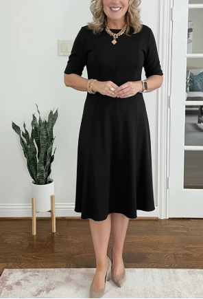 Elegant A Line Dress for Women with Round Neck Short Sleeve Fit and Flare Midi Casual Retro Style